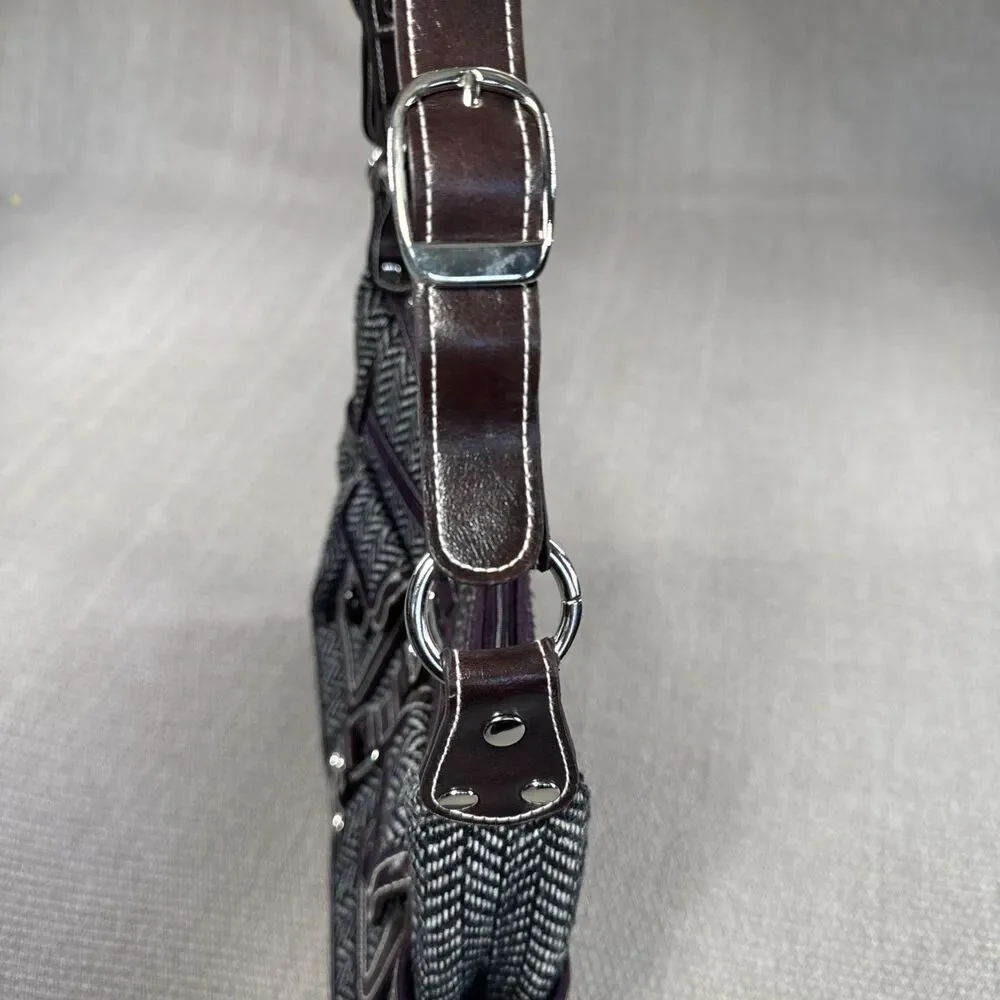 Vtg 90s Apt 9 Herringbone Shoulder Bag with Leather Trim Pockets Purse Handbag
